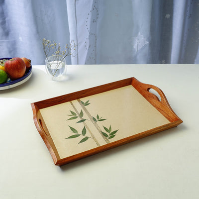 Beige - Bamboo Art Work Wooden Tray with Handles  (16.5 x 12.5 x 1 in)