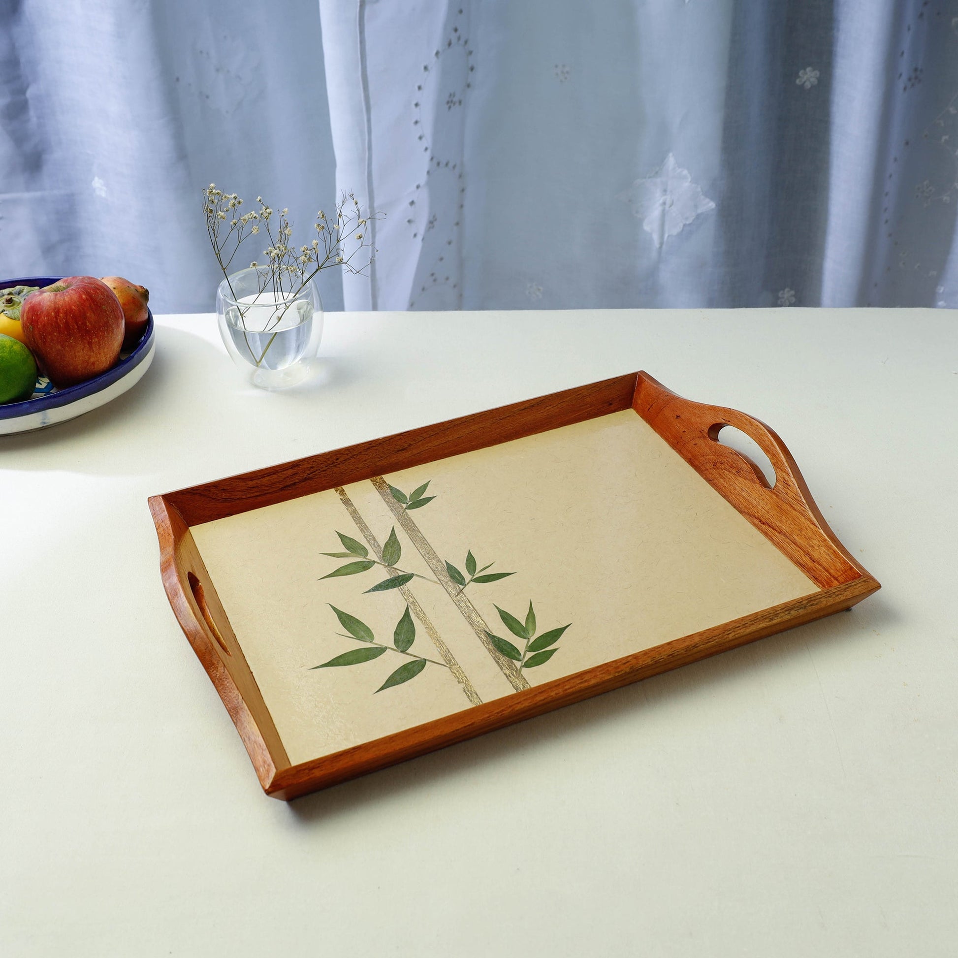 Beige - Bamboo Art Work Wooden Tray with Handles  (16.5 x 12.5 x 1 in)