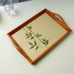 Beige - Bamboo Art Work Wooden Tray with Handles  (16.5 x 12.5 x 1 in)