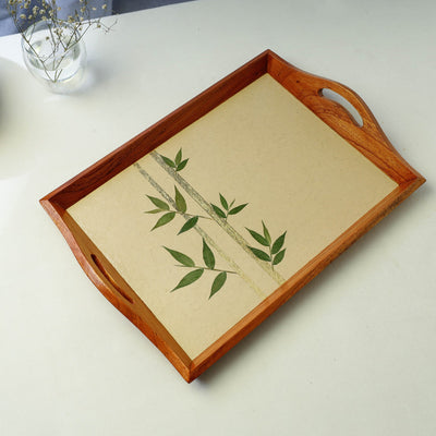 Beige - Bamboo Art Work Wooden Tray with Handles  (16.5 x 12.5 x 1 in)