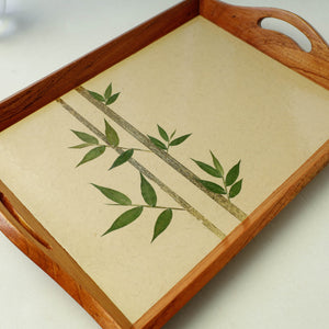 Beige - Bamboo Art Work Wooden Tray with Handles  (16.5 x 12.5 x 1 in)