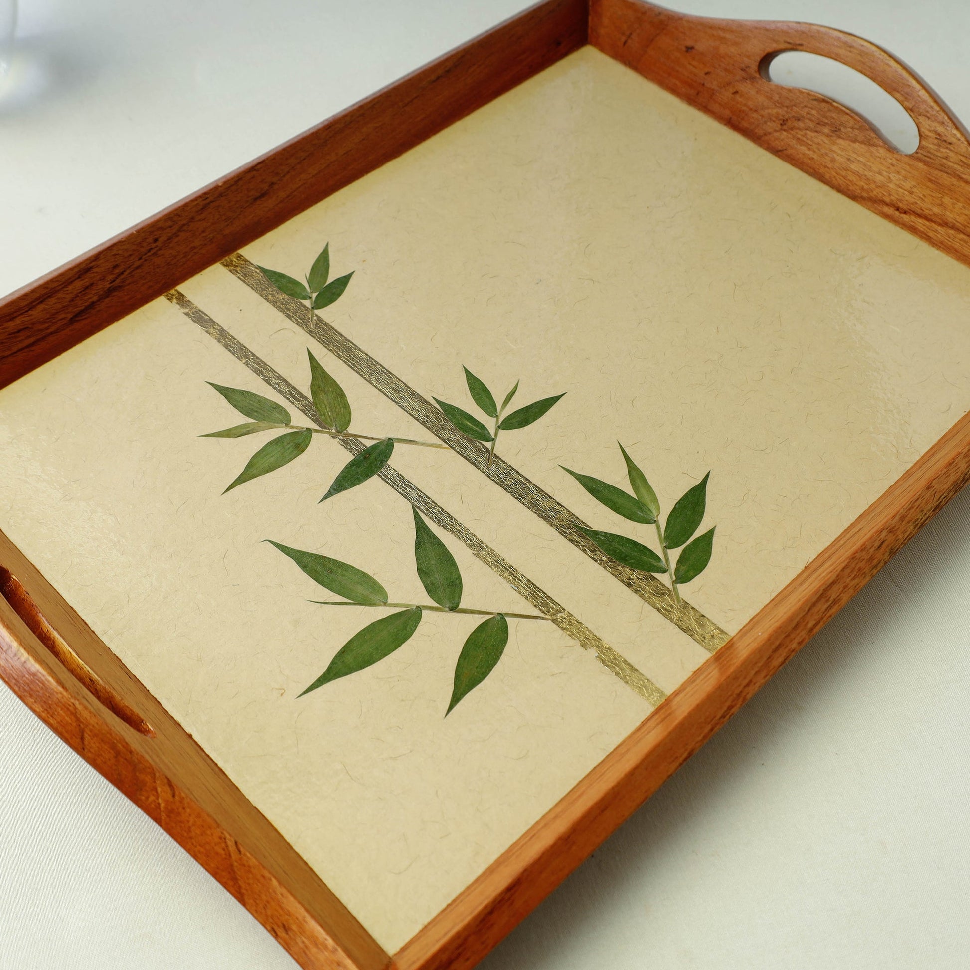 Beige - Bamboo Art Work Wooden Tray with Handles  (16.5 x 12.5 x 1 in)