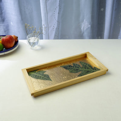Gold - Papaya Leaf Art Work Wooden Tray (16 x 8 x 1 in)