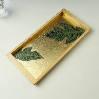 Gold - Papaya Leaf Art Work Wooden Tray (16 x 8 x 1 in)