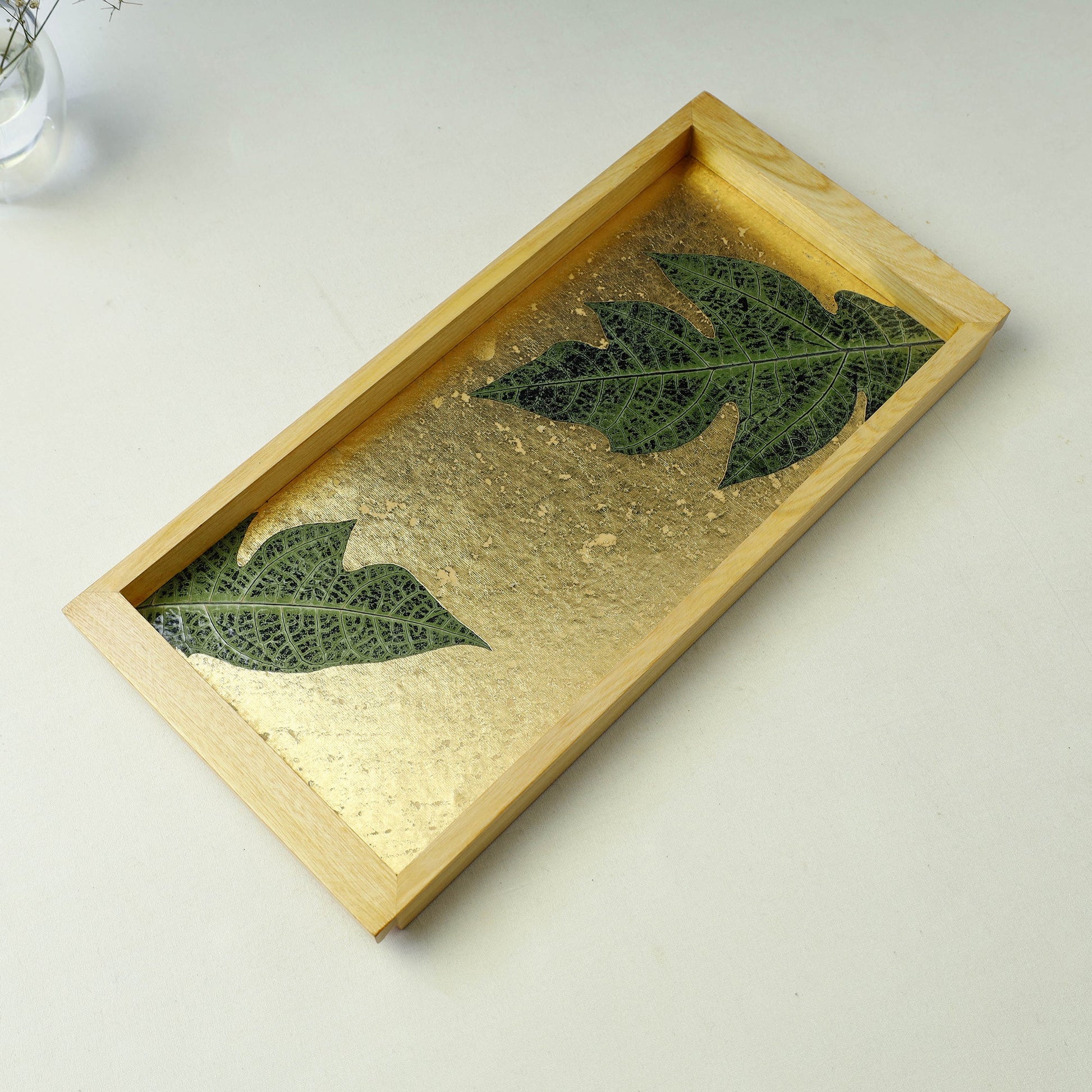 Gold - Papaya Leaf Art Work Wooden Tray (16 x 8 x 1 in)