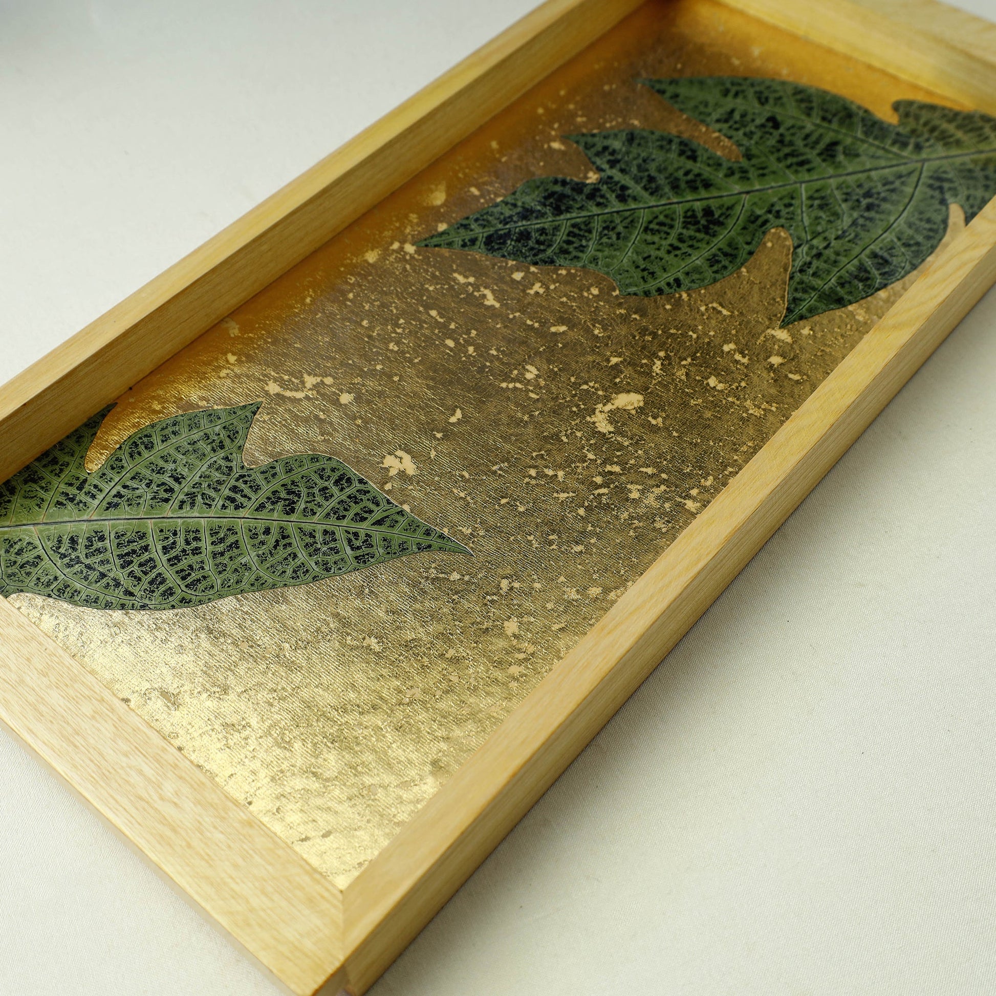 Gold - Papaya Leaf Art Work Wooden Tray (16 x 8 x 1 in)