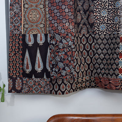 Black - Ajrakh Block Printing Patchwork Cotton Window Curtain (5 x 3 Feet)