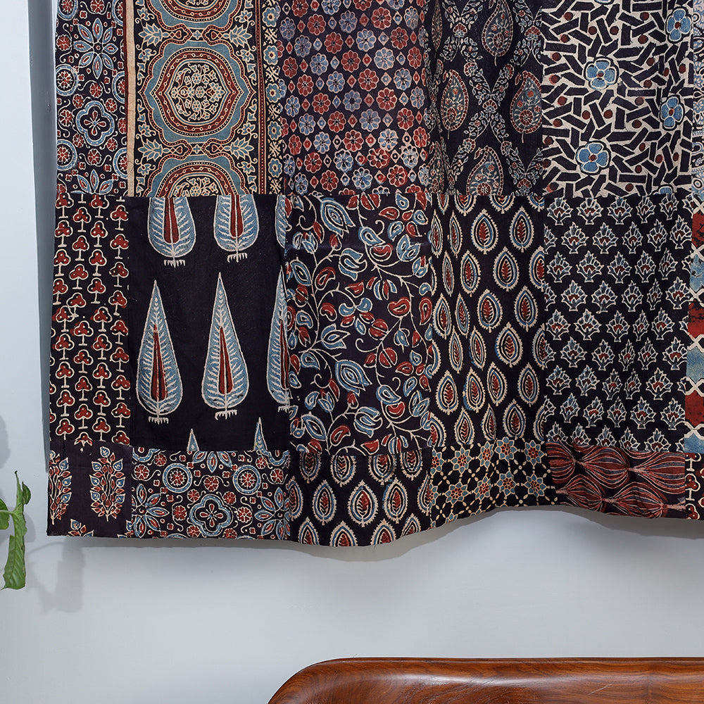 Black - Ajrakh Block Printing Patchwork Cotton Window Curtain (5 x 3 Feet)