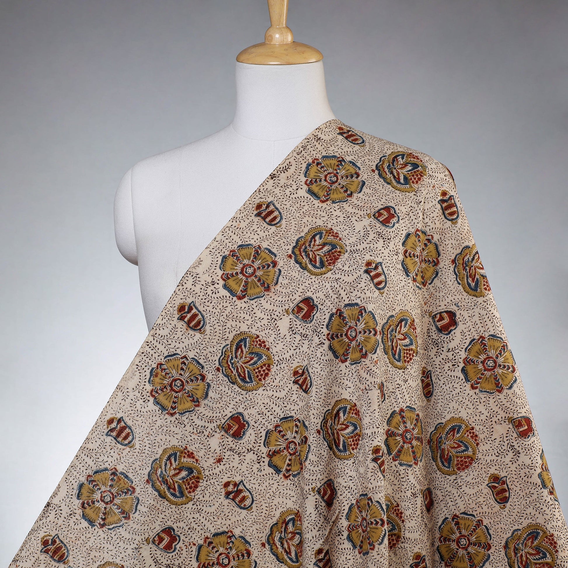 Beige - Pedana Kalamkari Block Printed Cotton Fabric