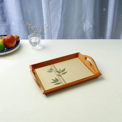 Beige - Bamboo Art Work Wooden Tray with Handles  (12.5 x 9 x 1 in)