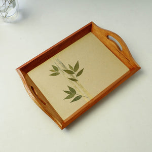Beige - Bamboo Art Work Wooden Tray with Handles  (12.5 x 9 x 1 in)