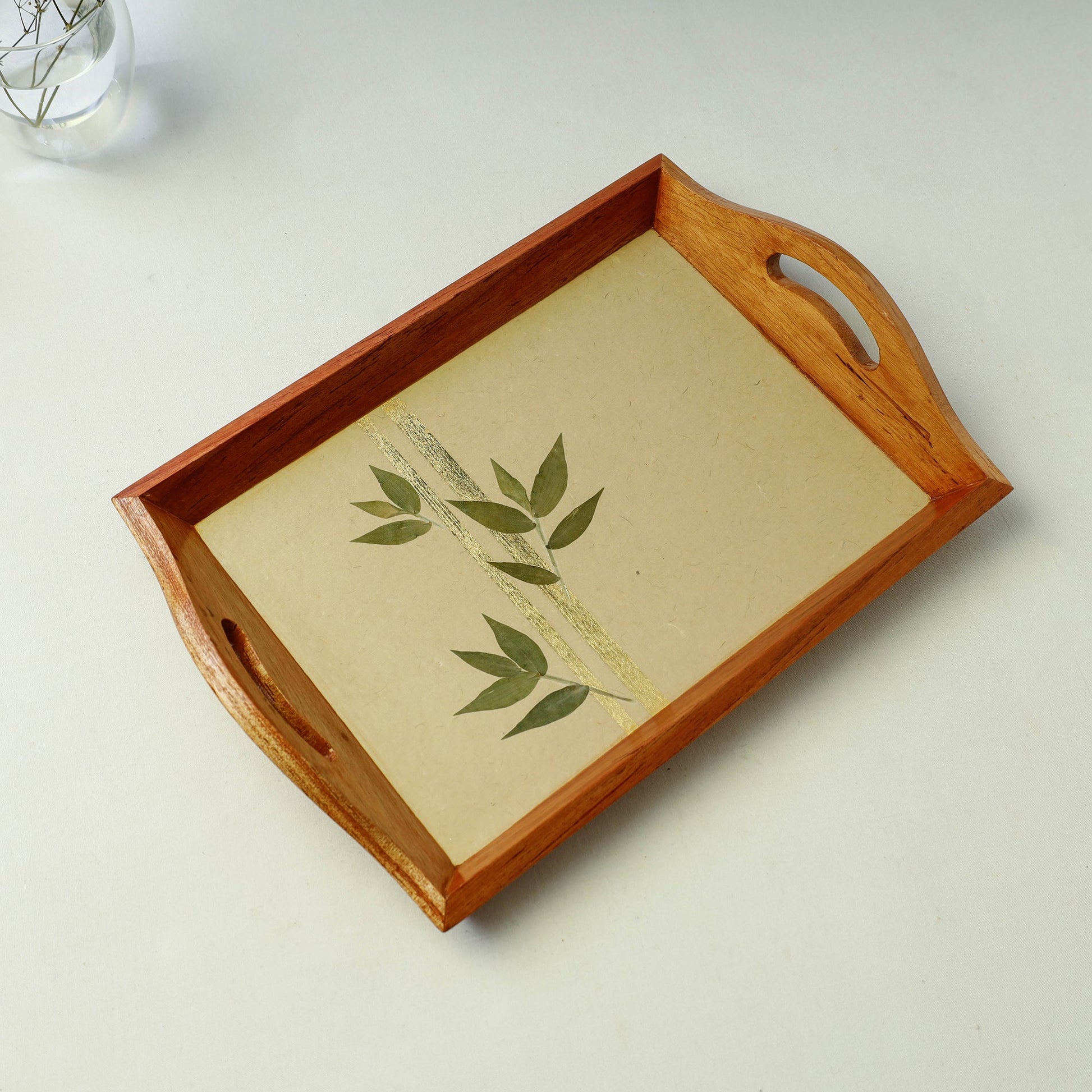 Beige - Bamboo Art Work Wooden Tray with Handles  (12.5 x 9 x 1 in)