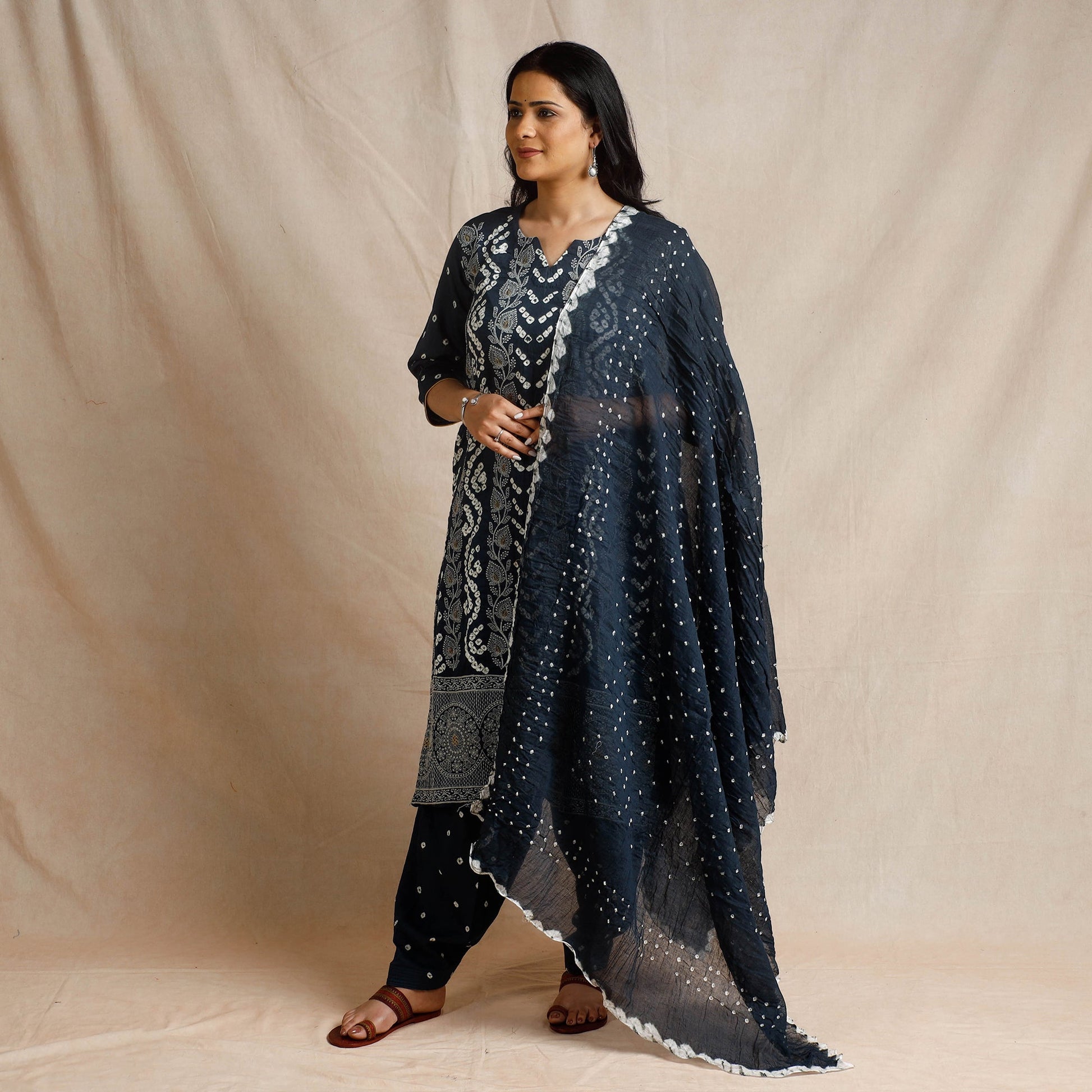 Black - Bandhani Cotton Kurta with Salwar & Dupatta Set
