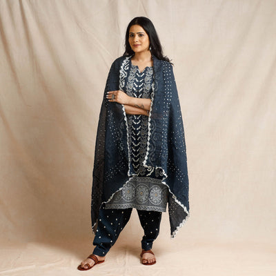 Black - Bandhani Cotton Kurta with Salwar & Dupatta Set