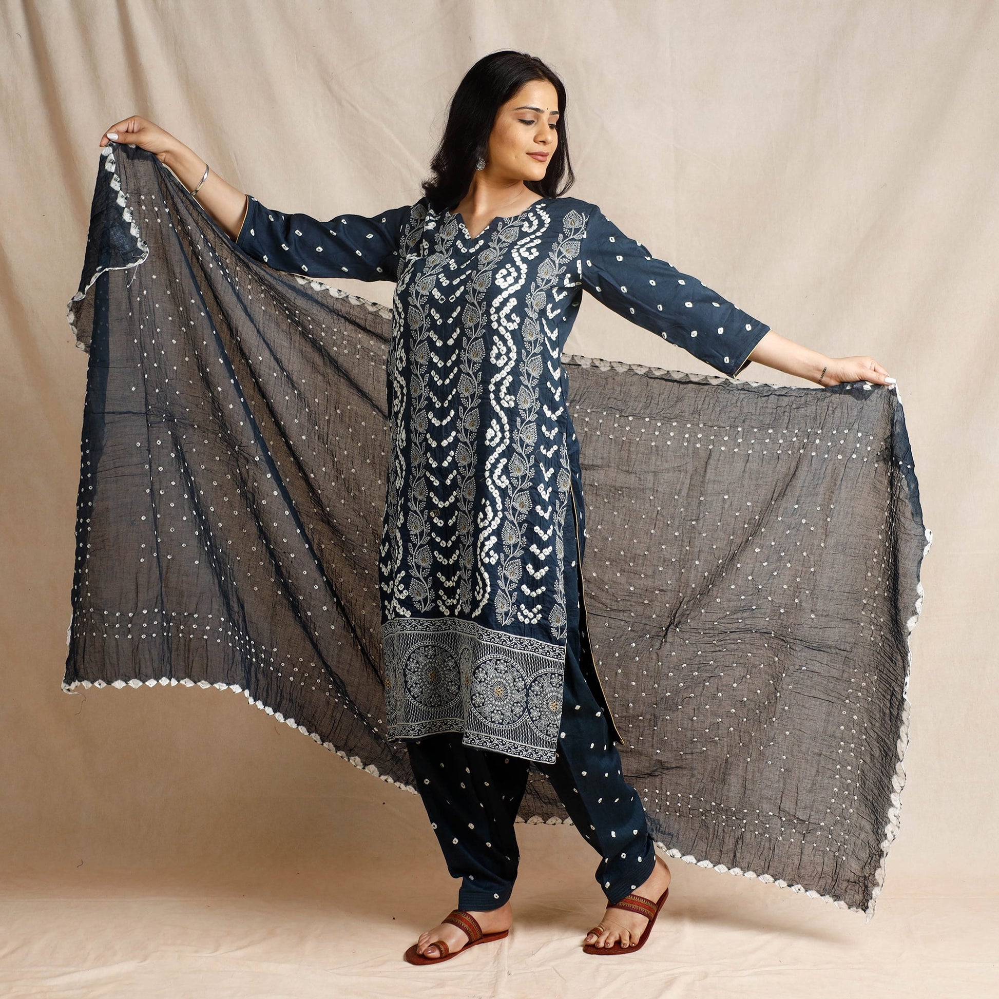 Black - Bandhani Cotton Kurta with Salwar & Dupatta Set