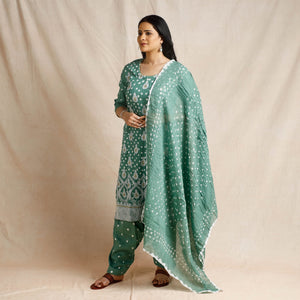 Green - - Bandhani Cotton Kurta with Salwar & Dupatta Set