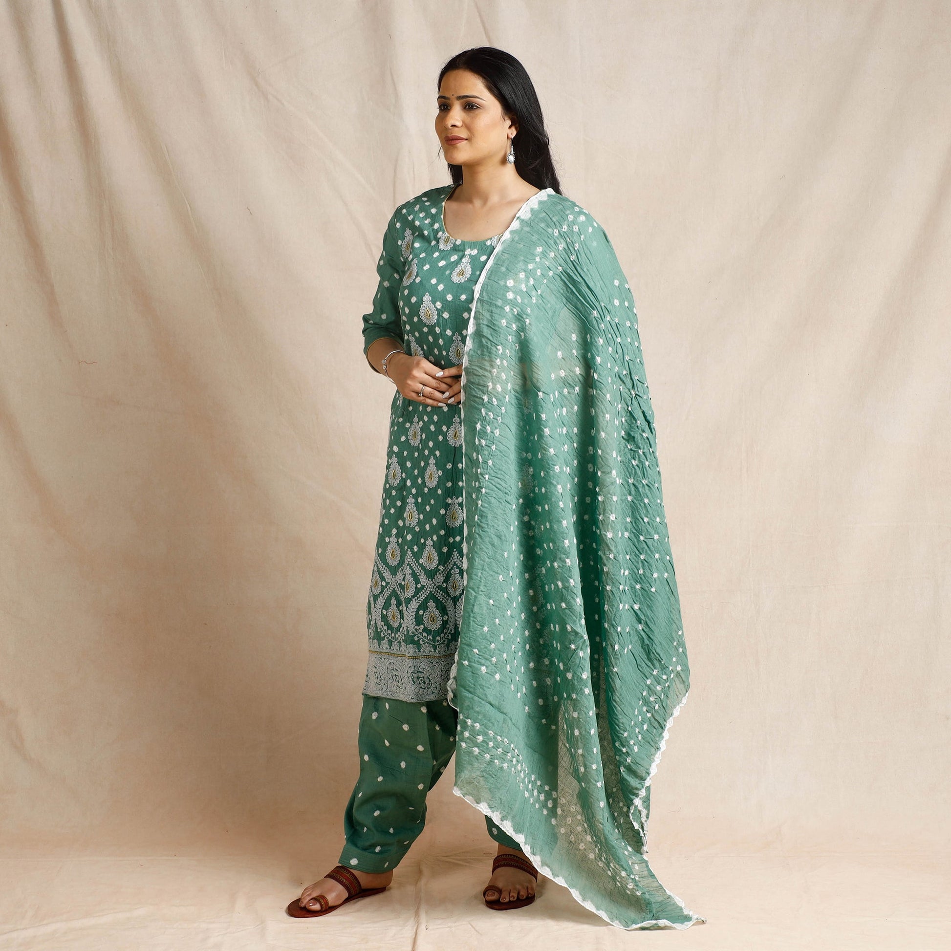 Green - - Bandhani Cotton Kurta with Salwar & Dupatta Set
