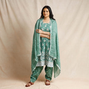 Green - - Bandhani Cotton Kurta with Salwar & Dupatta Set