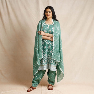 Green - - Bandhani Cotton Kurta with Salwar & Dupatta Set