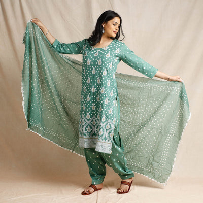 Green - - Bandhani Cotton Kurta with Salwar & Dupatta Set