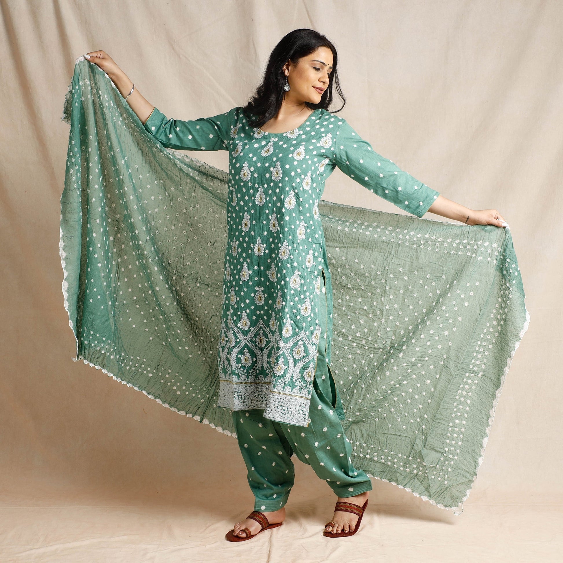 Green - - Bandhani Cotton Kurta with Salwar & Dupatta Set