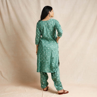 Green - - Bandhani Cotton Kurta with Salwar & Dupatta Set