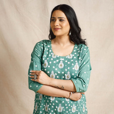 Green - - Bandhani Cotton Kurta with Salwar & Dupatta Set