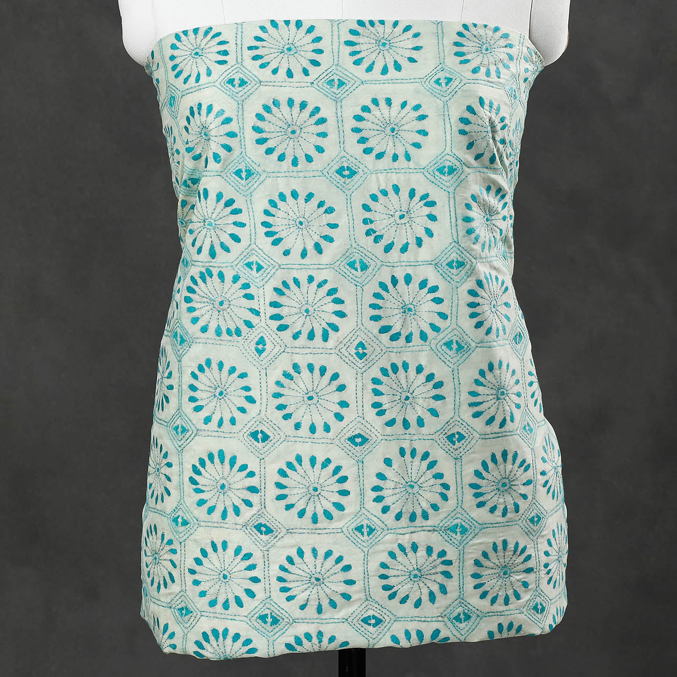 Blue - Bengal Kantha Hand Embroidered Mulberry Silk Kurta Material - 3 Meter