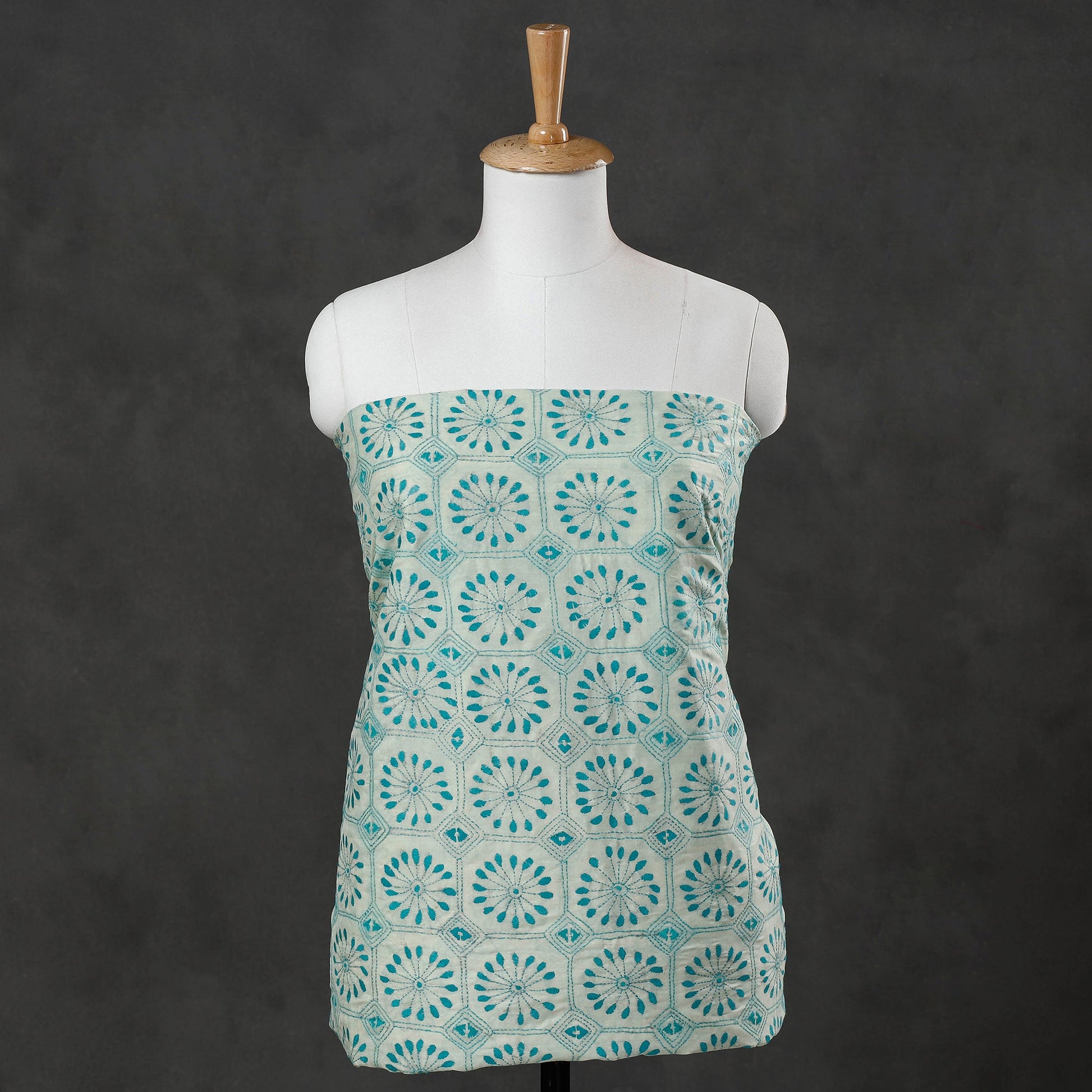 Blue - Bengal Kantha Hand Embroidered Mulberry Silk Kurta Material - 3 Meter
