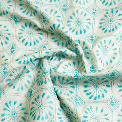 Blue - Bengal Kantha Hand Embroidered Mulberry Silk Kurta Material - 3 Meter