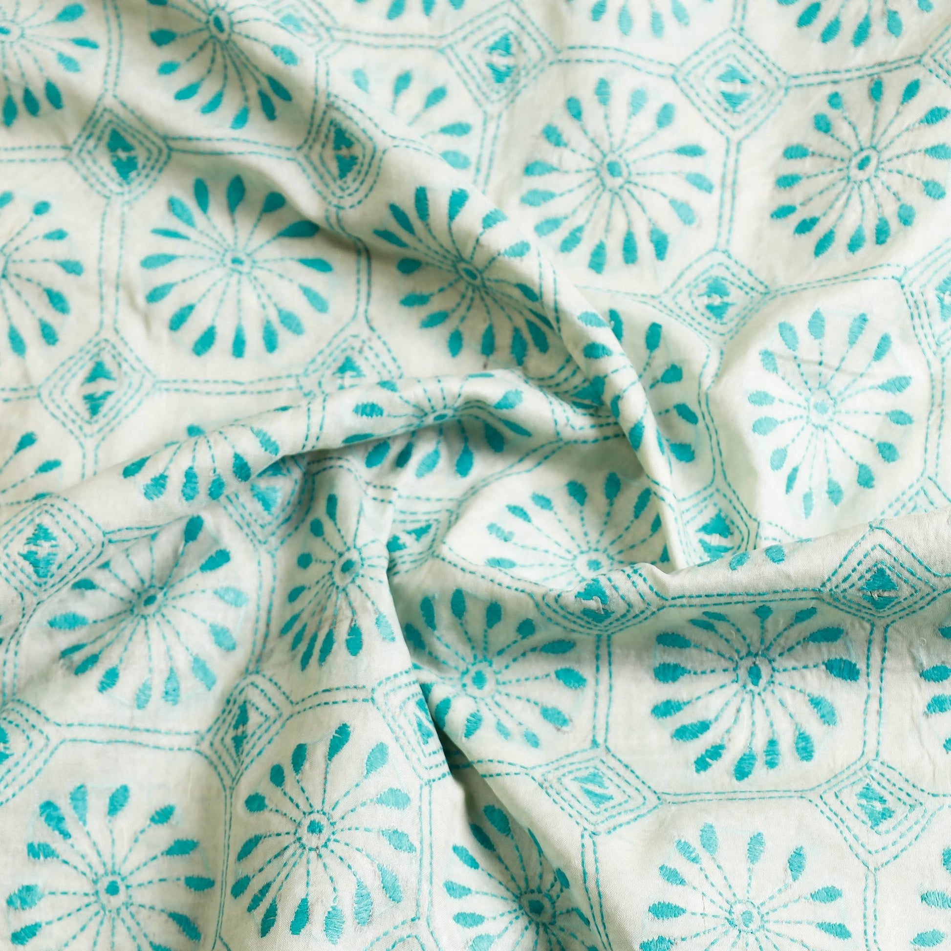 Blue - Bengal Kantha Hand Embroidered Mulberry Silk Kurta Material - 3 Meter