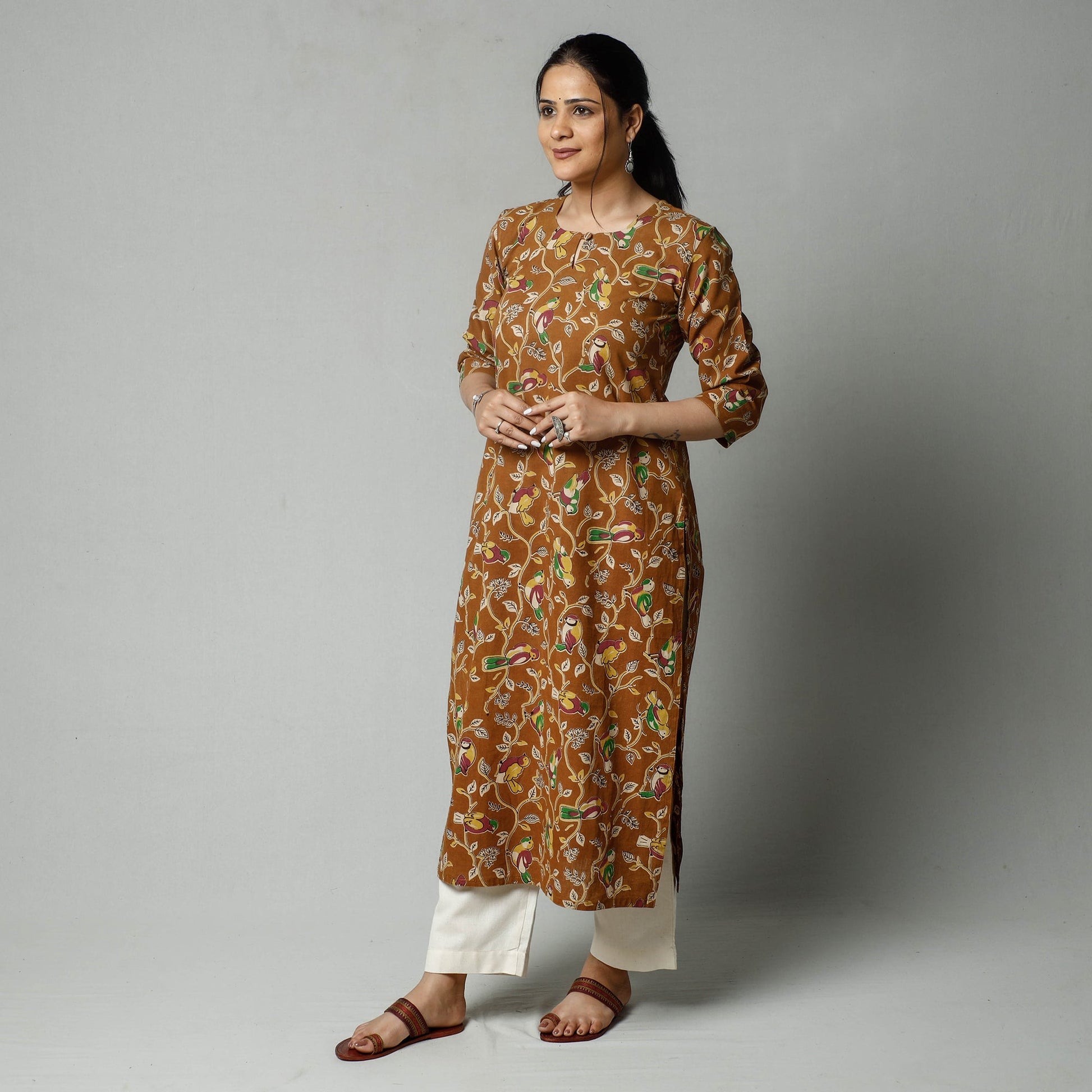 Brown - Kalamkari Printed Cotton Kurta