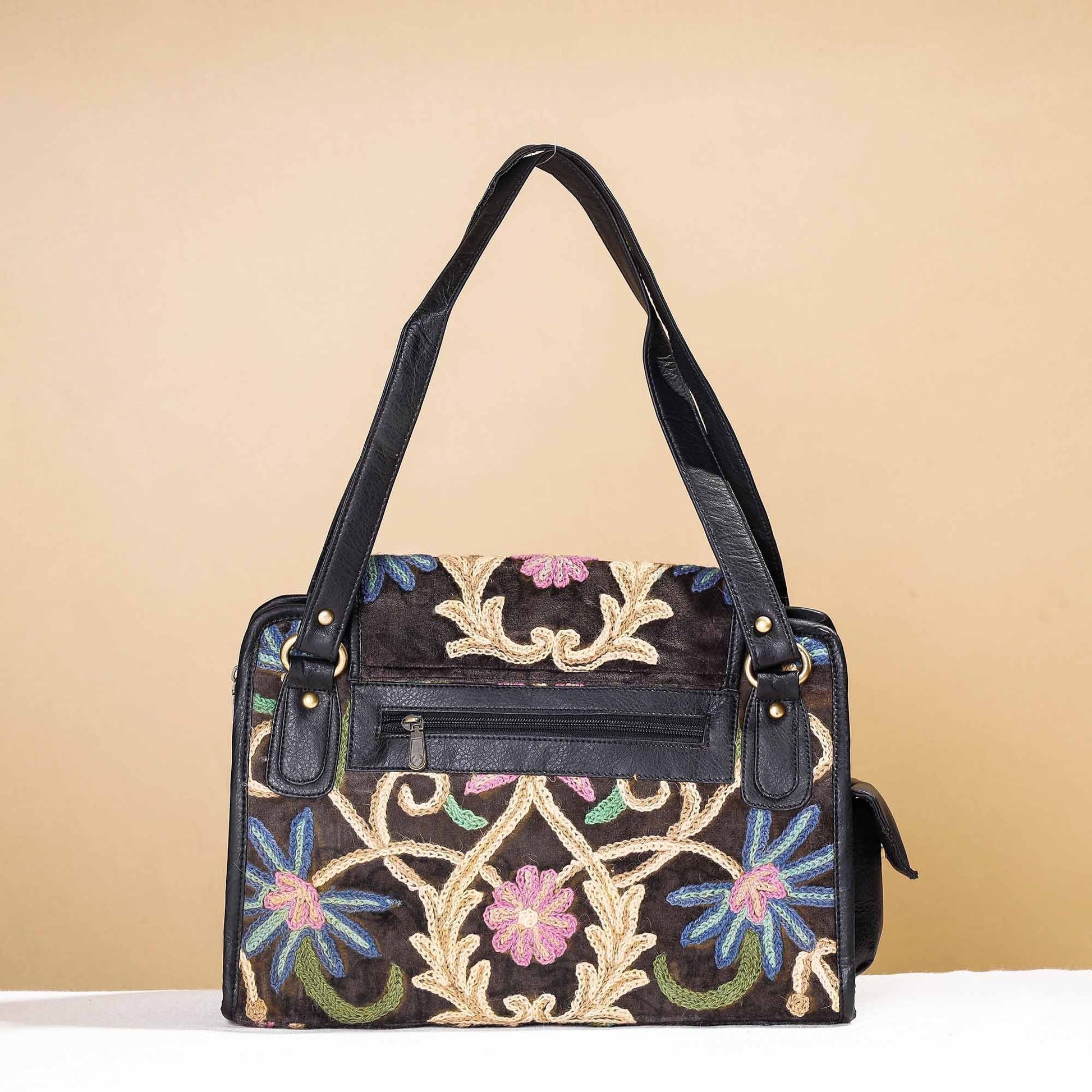 Black - Original Crewel Hand Embroidery Leather & Velvet Hand Bag