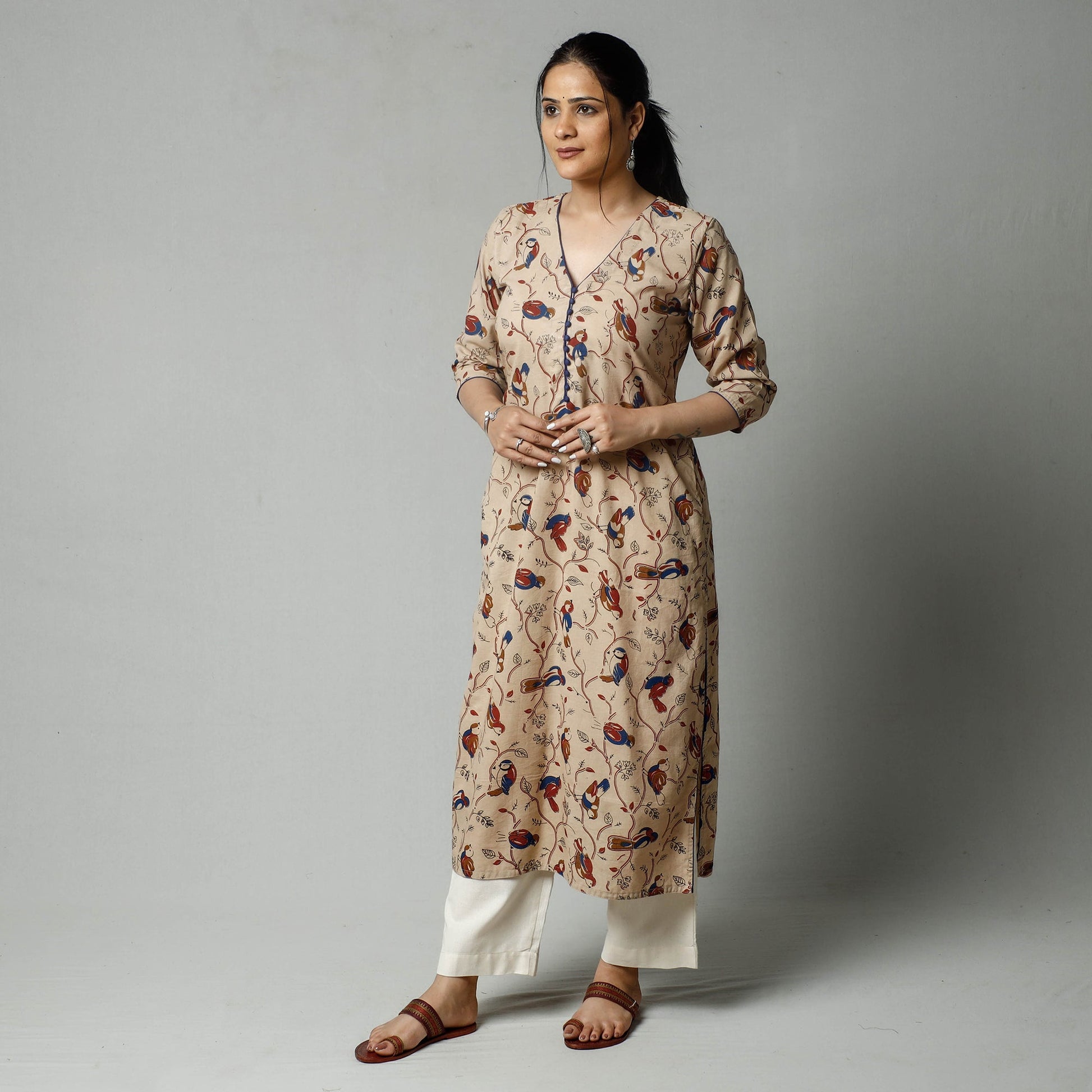 Beige - Kalamkari Printed Cotton Kurta