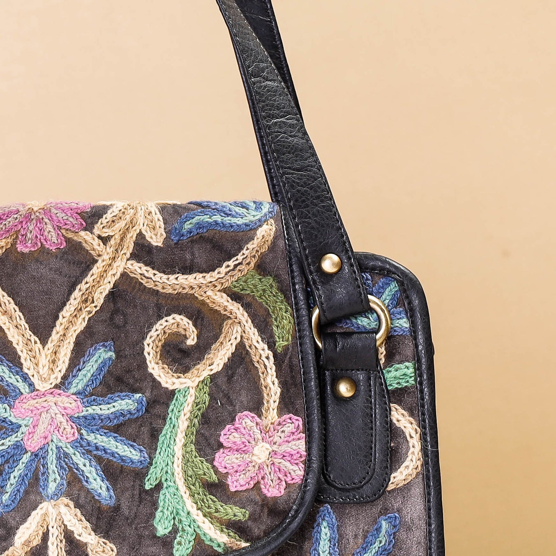 Black - Original Crewel Hand Embroidery Leather & Velvet Hand Bag