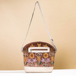 Brown - Original Crewel Hand Embroidery Leather & Velvet Sling Bag