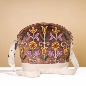 Brown - Original Crewel Hand Embroidery Leather & Velvet Sling Bag