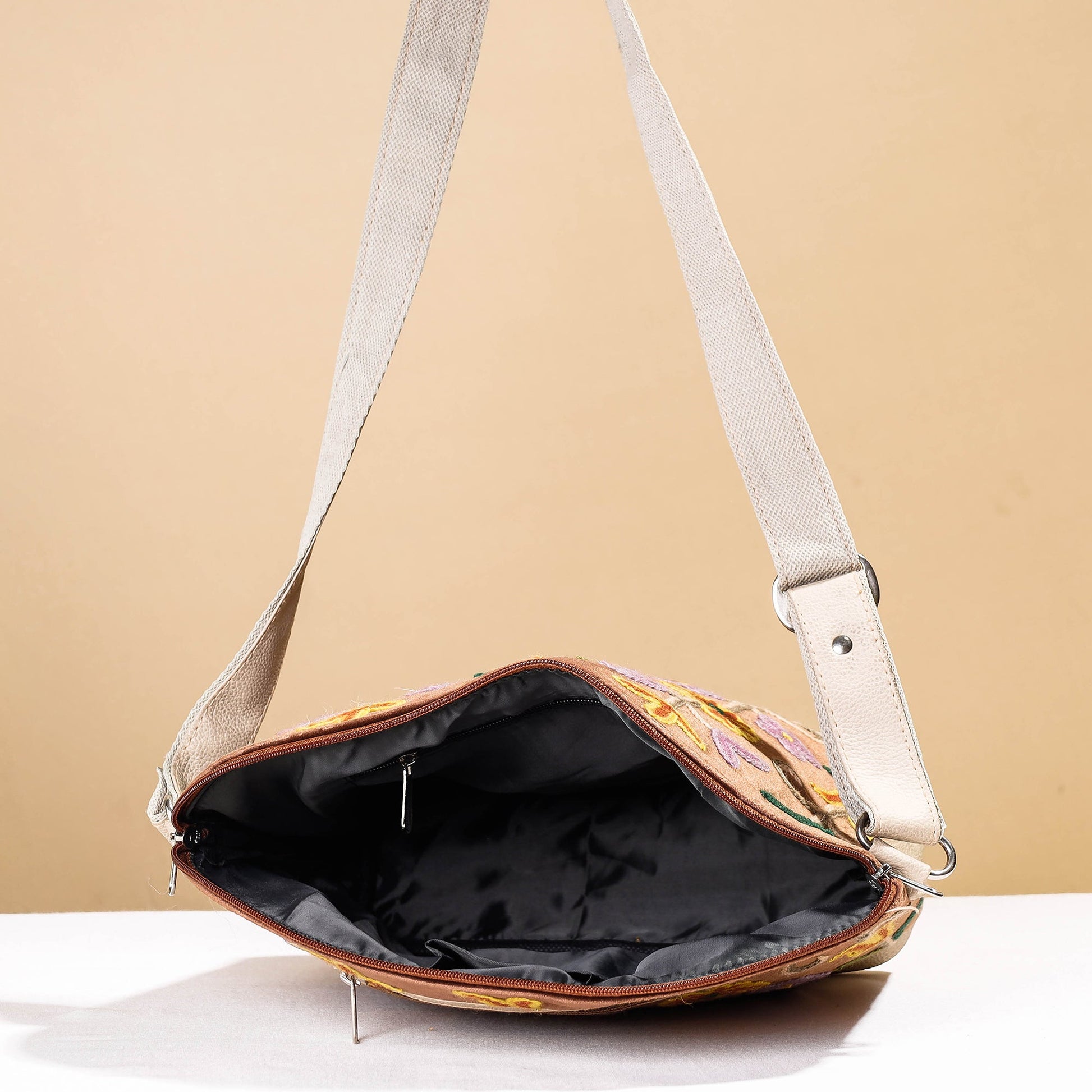 Brown - Original Crewel Hand Embroidery Leather & Velvet Sling Bag