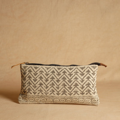 Beige - Jaipur Block Printed Handloom Cotton Multipurpose Toiletry Pouch (7 x 12 in)