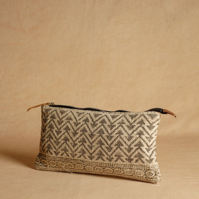 Beige - Jaipur Block Printed Handloom Cotton Multipurpose Toiletry Pouch (7 x 12 in)