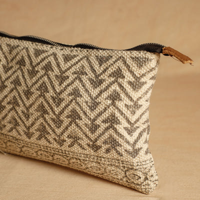 Beige - Jaipur Block Printed Handloom Cotton Multipurpose Toiletry Pouch (7 x 12 in)