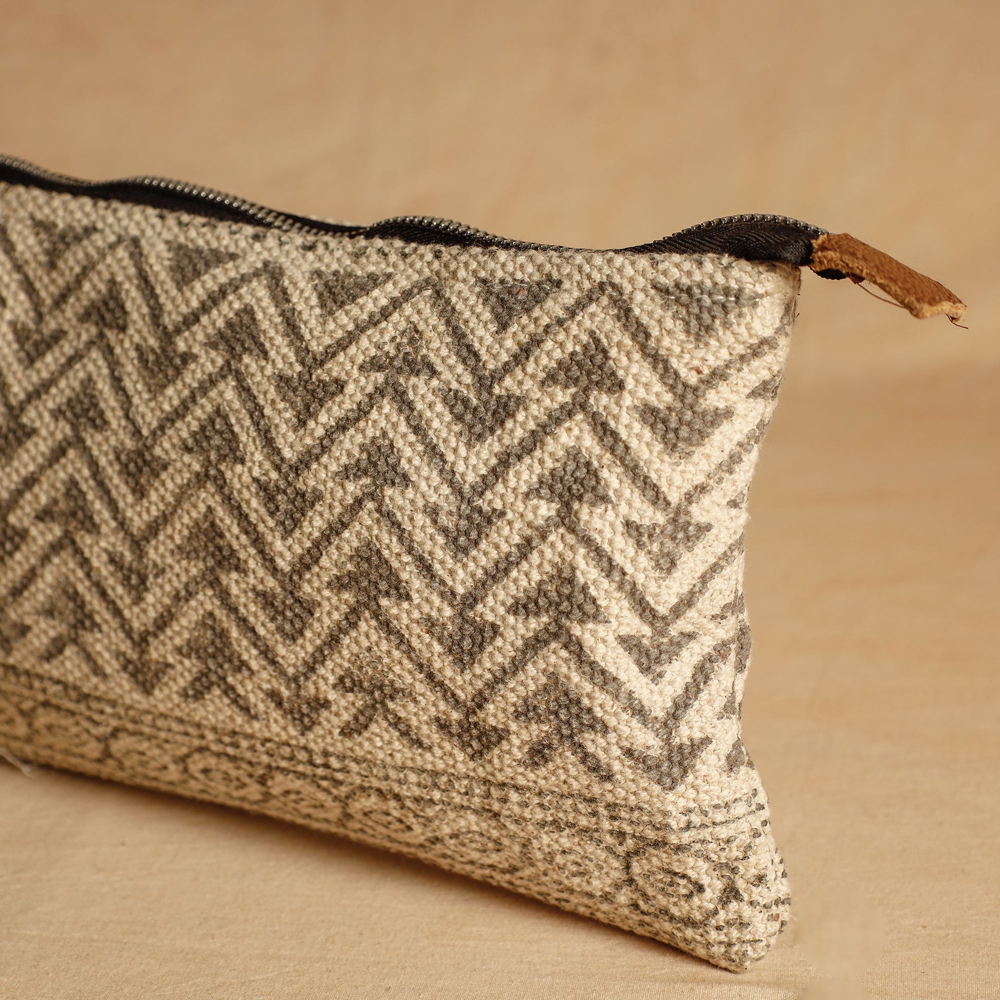 Beige - Jaipur Block Printed Handloom Cotton Multipurpose Toiletry Pouch (7 x 12 in)
