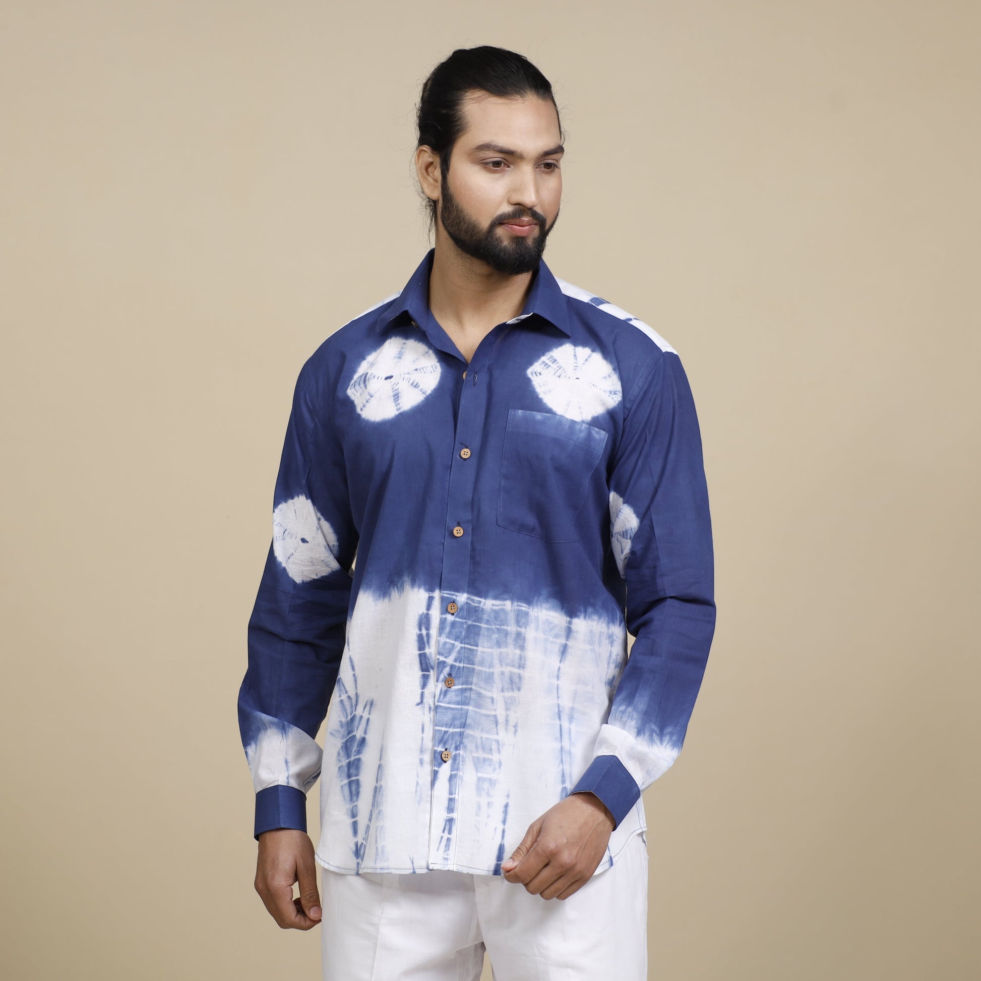 Blue & White - Shibori Tie-Dye Cotton Men Full Sleeve Shirt