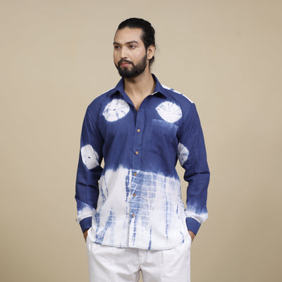 Blue & White - Shibori Tie-Dye Cotton Men Full Sleeve Shirt