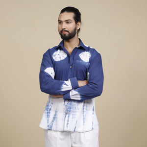Blue & White - Shibori Tie-Dye Cotton Men Full Sleeve Shirt