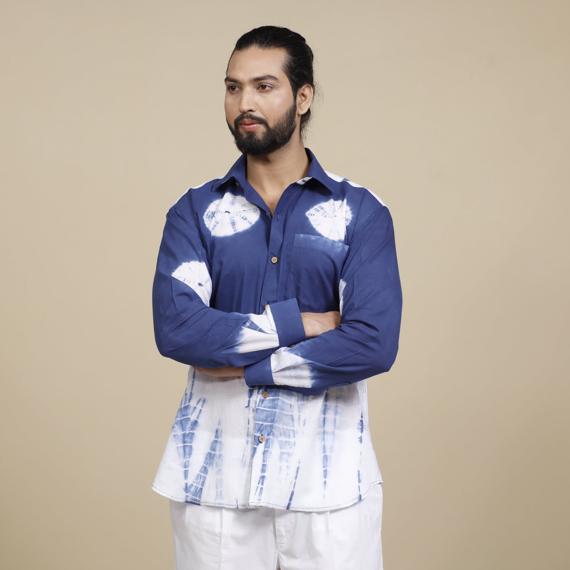 Blue & White - Shibori Tie-Dye Cotton Men Full Sleeve Shirt