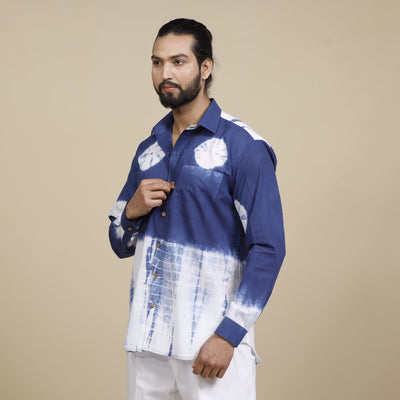 Blue & White - Shibori Tie-Dye Cotton Men Full Sleeve Shirt