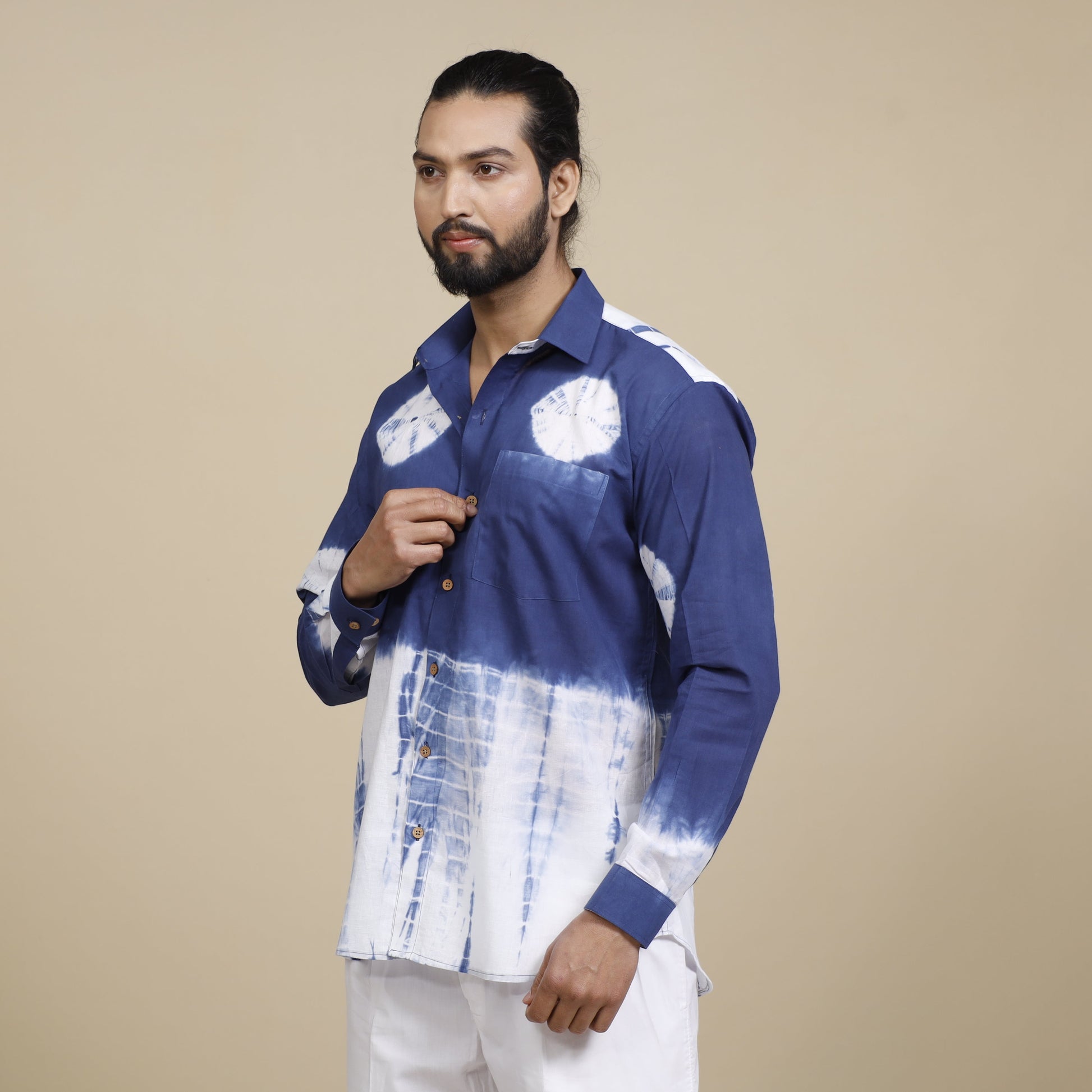 Blue & White - Shibori Tie-Dye Cotton Men Full Sleeve Shirt