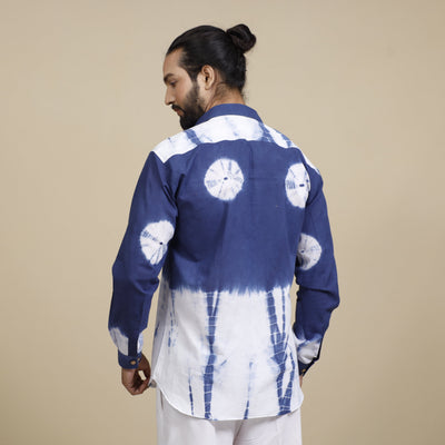 Blue & White - Shibori Tie-Dye Cotton Men Full Sleeve Shirt