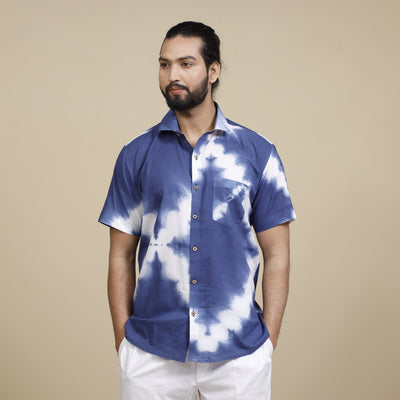 Blue & White Shibori Tie-dye Cotton Men Half Sleeve Shirt